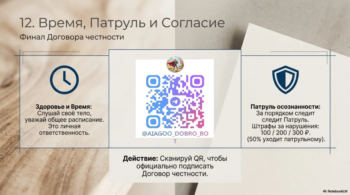 Договор Честности — финал · Время, Патруль и Согласие · QR для подписи в @AIAGOO_Dobro_bot